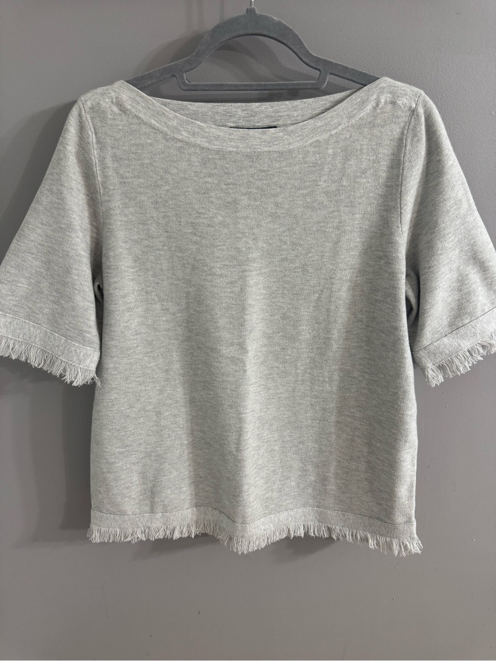 Ann Taylor Light Gray Fringe-Trim Short Sleeve Top L